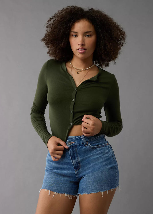 Crossover High-Waisted Stretch Jean Shorts