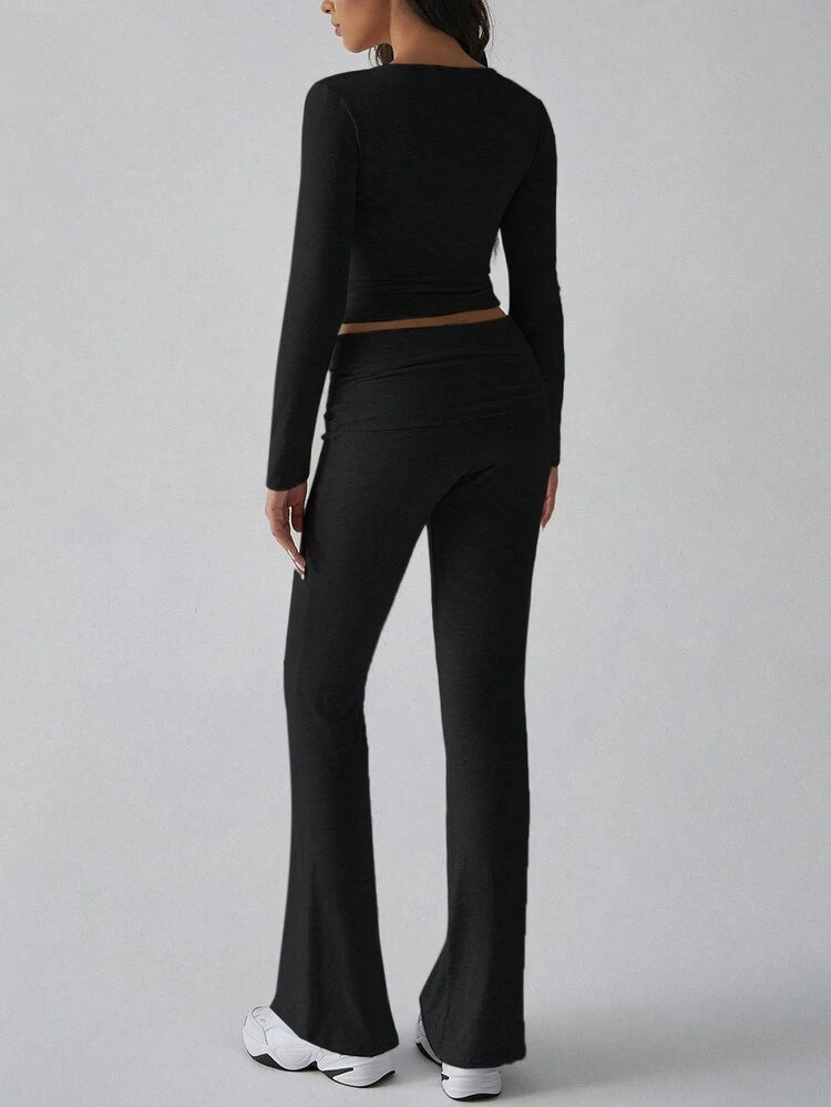 Two Piece Solid Color Crop top + Flared Sweats Set