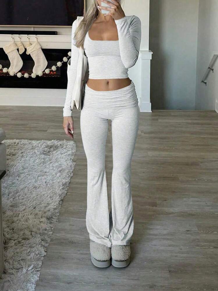 Two Piece Solid Color Crop top + Flared Sweats Set